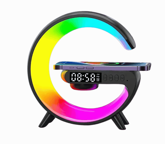 Shopdroplo Multifunction Wireless Charger Stand – RGB Light, Alarm Clock & Bluetooth Speaker for iPhone, Samsung, Xiaomi (Mini Fast Charging Dock)
