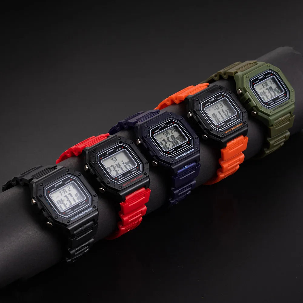 Shopdroplo Men's Waterproof Digital Sports Watch – LED Display, Shock Resistant, Army Green Silicone Strap