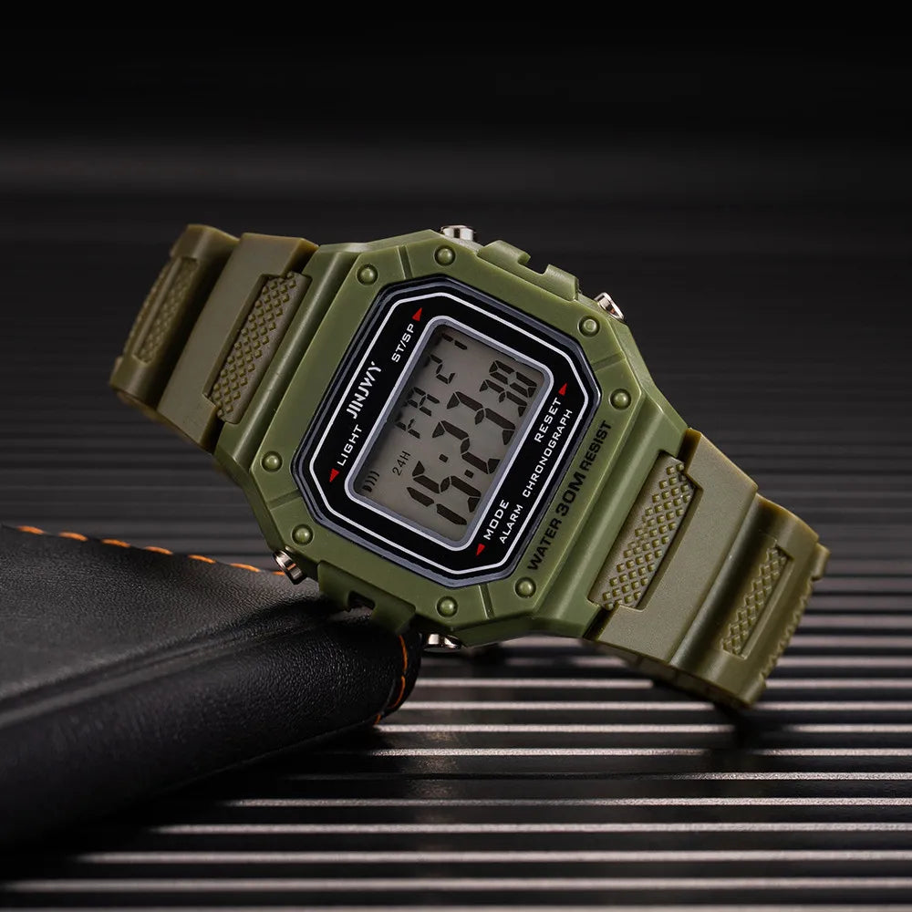 Shopdroplo Men's Waterproof Digital Sports Watch – LED Display, Shock Resistant, Army Green Silicone Strap
