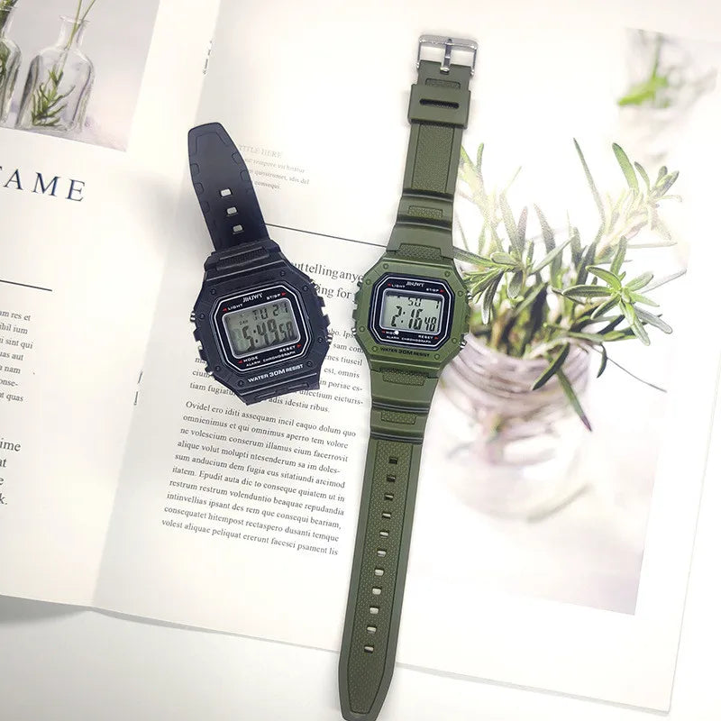 Shopdroplo Men's Waterproof Digital Sports Watch – LED Display, Shock Resistant, Army Green Silicone Strap