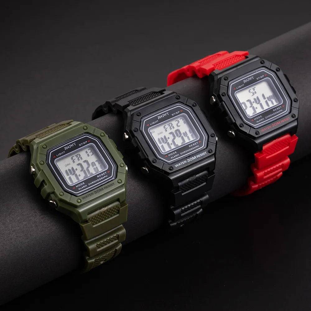 Shopdroplo Men's Waterproof Digital Sports Watch – LED Display, Shock Resistant, Army Green Silicone Strap