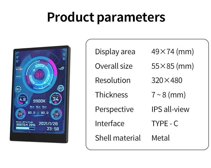 Shopdroplo 3.5-Inch USB Type-C IPS Secondary Monitor – Real-Time CPU GPU RAM Display