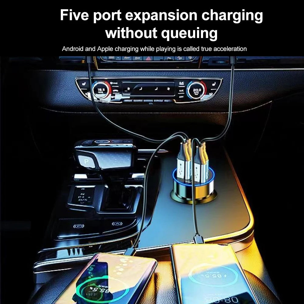 Shopdroplo 66W–250W Digital Display PD Car Charger – 6-in-1 Fast Charging Cigarette Lighter Adapter
