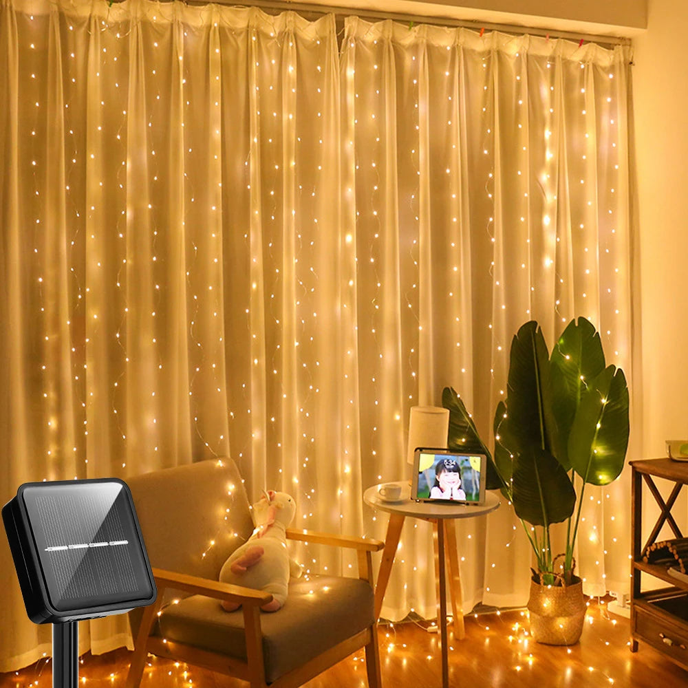 Shopdroplo LED Solar Fairy Curtain Lights – Waterproof Outdoor String Lights for Garden & Christmas Décor