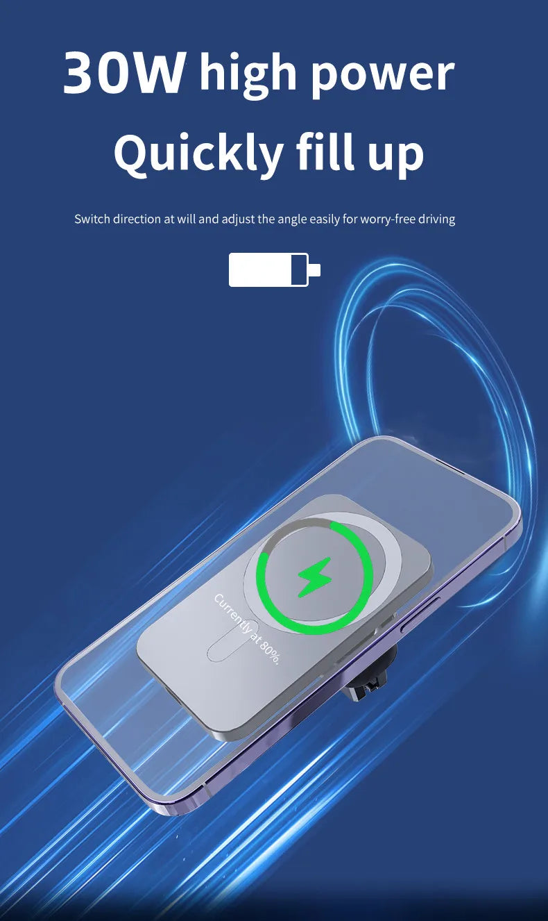 Shopdroplo 30W Magnetic Car Wireless Charger – Fast Charging Holder Stand for iPhone 12-15 Series, MacSafe Compatible