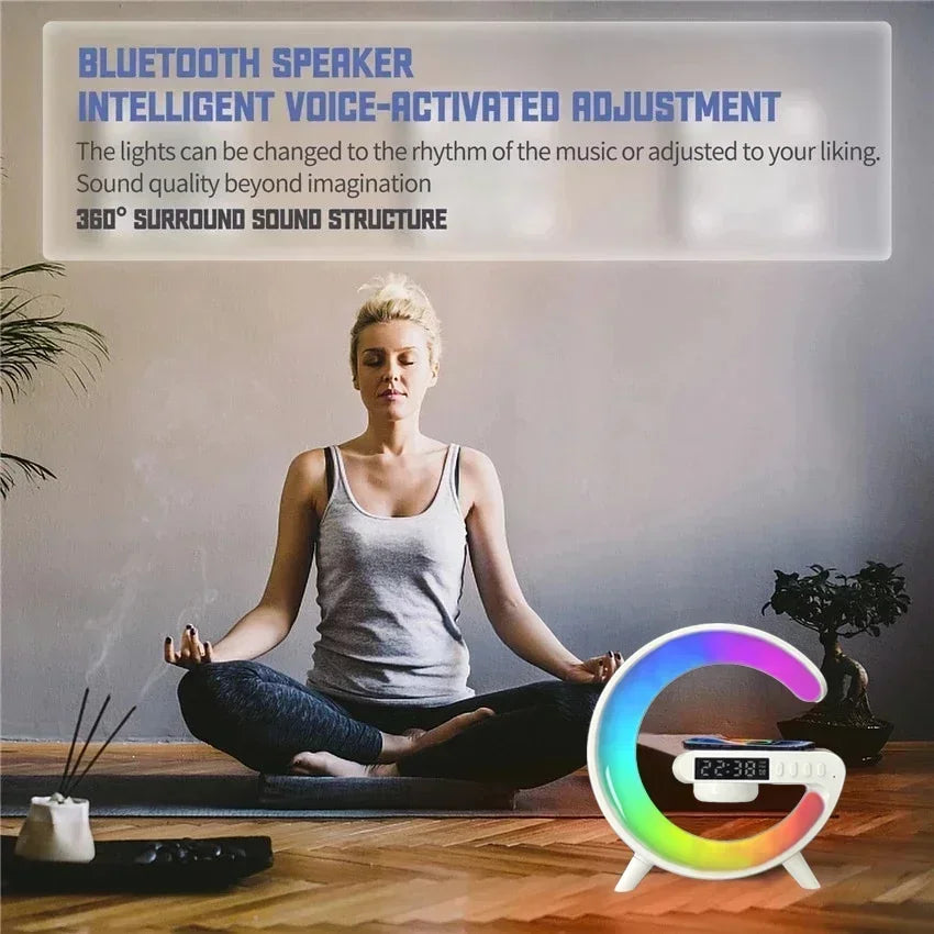 Shopdroplo Multifunction Wireless Charger Stand – RGB Light, Alarm Clock & Bluetooth Speaker for iPhone, Samsung, Xiaomi (Mini Fast Charging Dock)