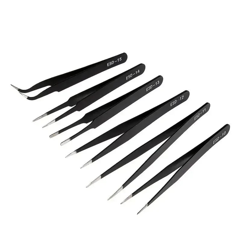 Shopdroplo 6-Piece ESD Anti-Static Tweezers Set – Precision Stainless Steel Tools for Electronics Repair & Crafting