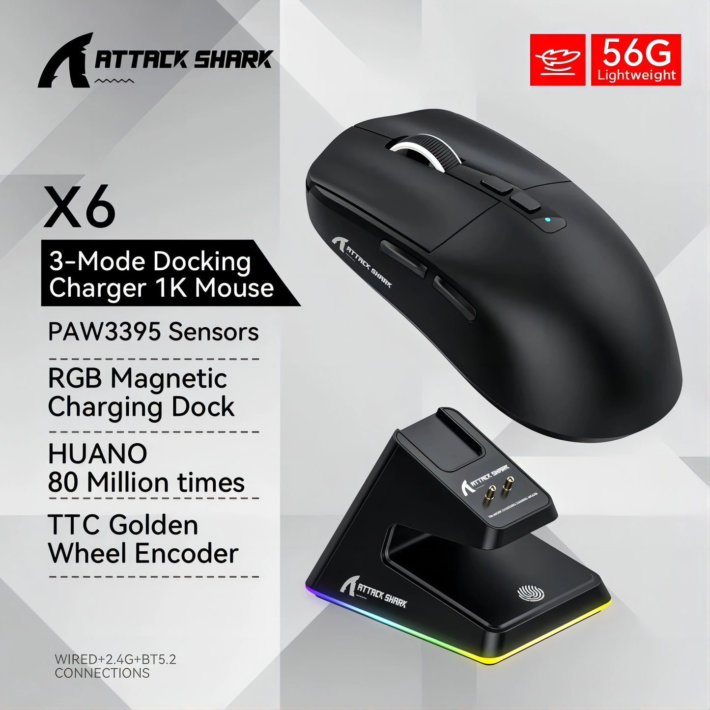 Shopdroplo X6 Wireless Bluetooth Gaming Mouse – PixArt PAW3395, RGB Touch Charging Base, 26K DPI, Tri-Mode Macro Mouse