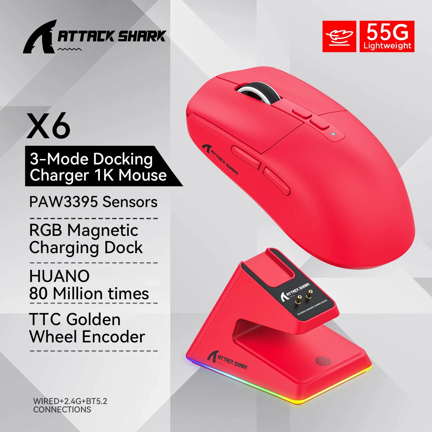 Shopdroplo X6 Wireless Bluetooth Gaming Mouse – PixArt PAW3395, RGB Touch Charging Base, 26K DPI, Tri-Mode Macro Mouse