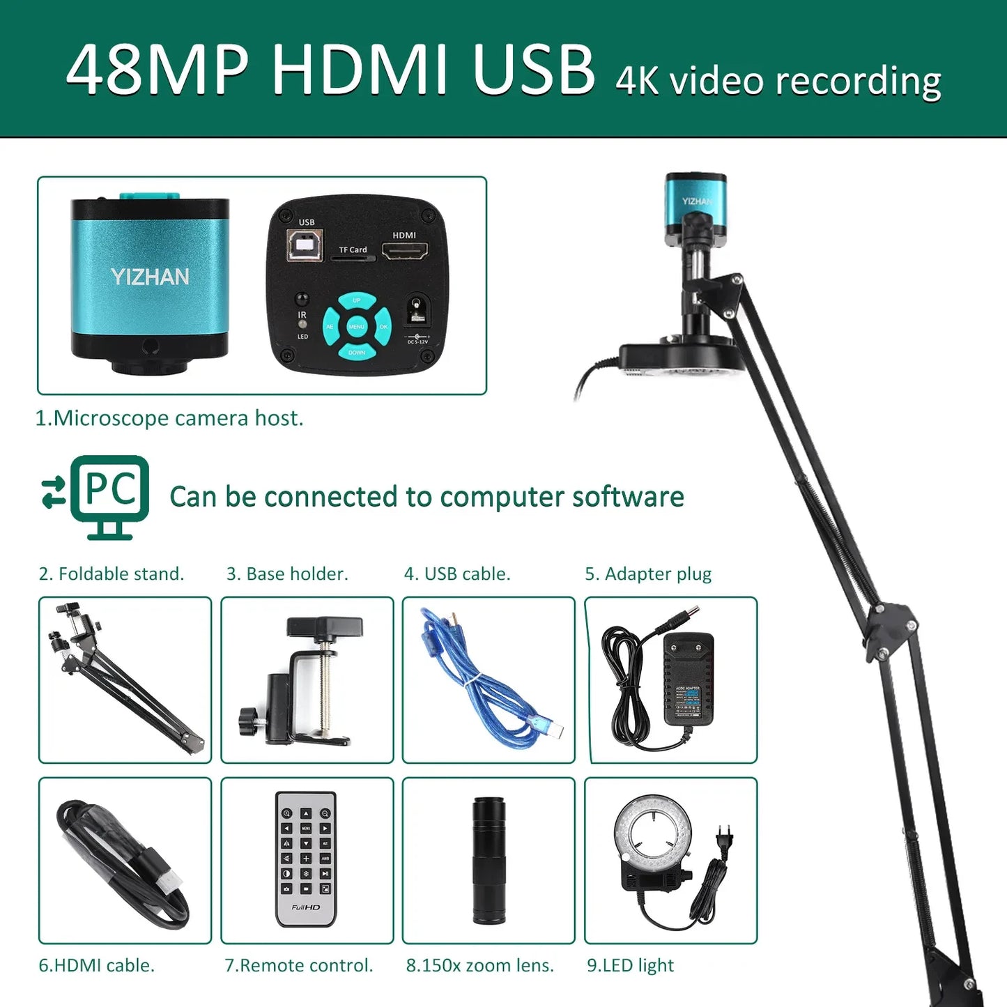Shopdroplo YIZHAN 48MP 4K Soldering Microscope – HDMI/USB Digital Video Microscope with 150X Lens, LED Light & Adjustable Stand