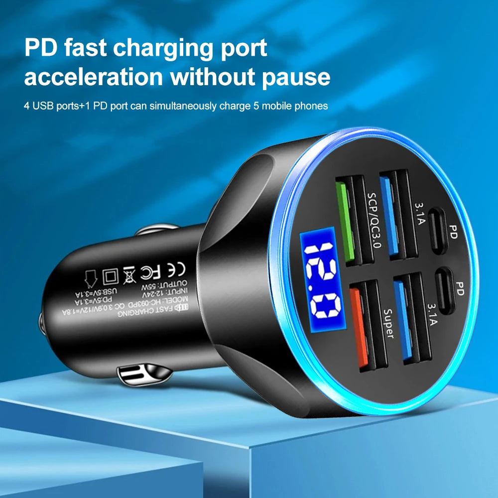 Shopdroplo 66W–250W Digital Display PD Car Charger – 6-in-1 Fast Charging Cigarette Lighter Adapter