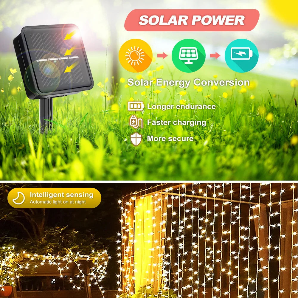 Shopdroplo LED Solar Fairy Curtain Lights – Waterproof Outdoor String Lights for Garden & Christmas Décor