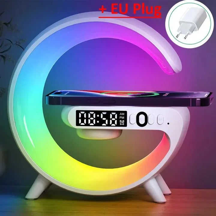 Shopdroplo Multifunction Wireless Charger Stand – RGB Light, Alarm Clock & Bluetooth Speaker for iPhone, Samsung, Xiaomi (Mini Fast Charging Dock)