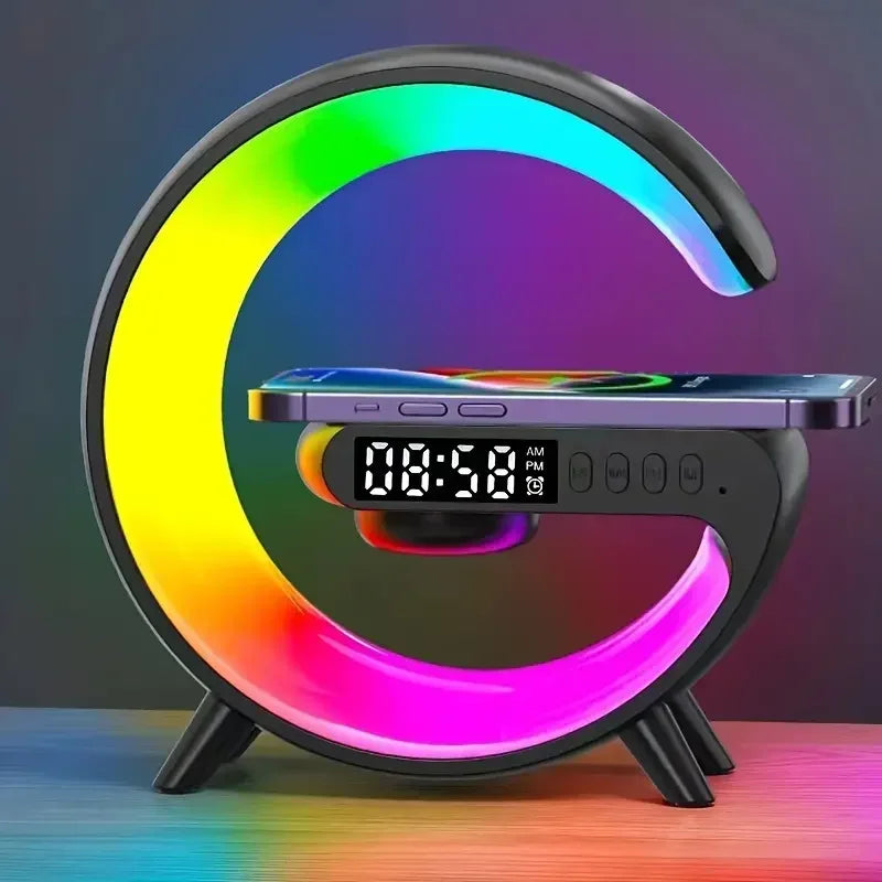 Shopdroplo Multifunction Wireless Charger Stand – RGB Light, Alarm Clock & Bluetooth Speaker for iPhone, Samsung, Xiaomi (Mini Fast Charging Dock)