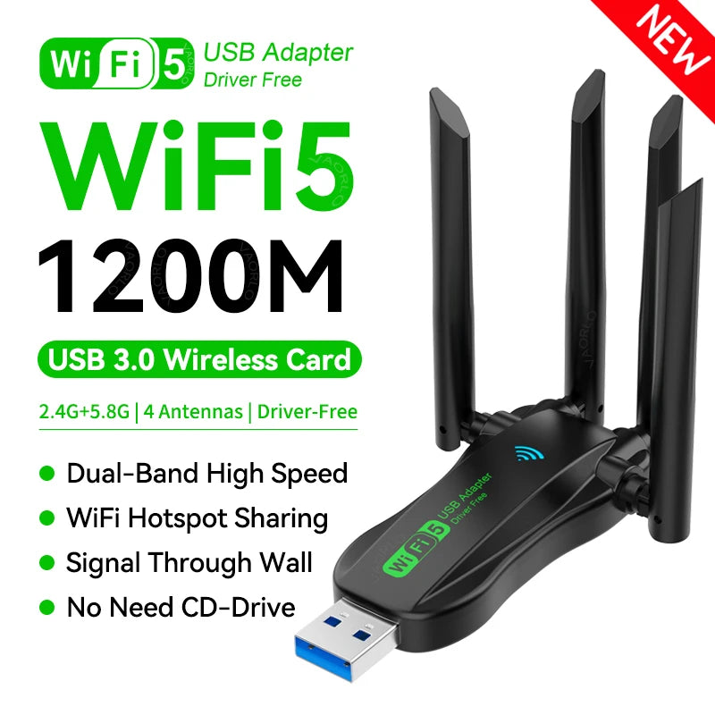 Shopdroplo VAORLO 1200Mbps USB WiFi Adapter – Dual Band 2.4G/5GHz Wireless Dongle with 4 Antennas & USB 3.0 for PC/Laptop