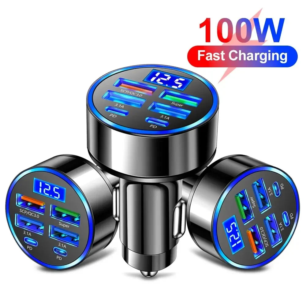 Shopdroplo 66W–250W Digital Display PD Car Charger – 6-in-1 Fast Charging Cigarette Lighter Adapter