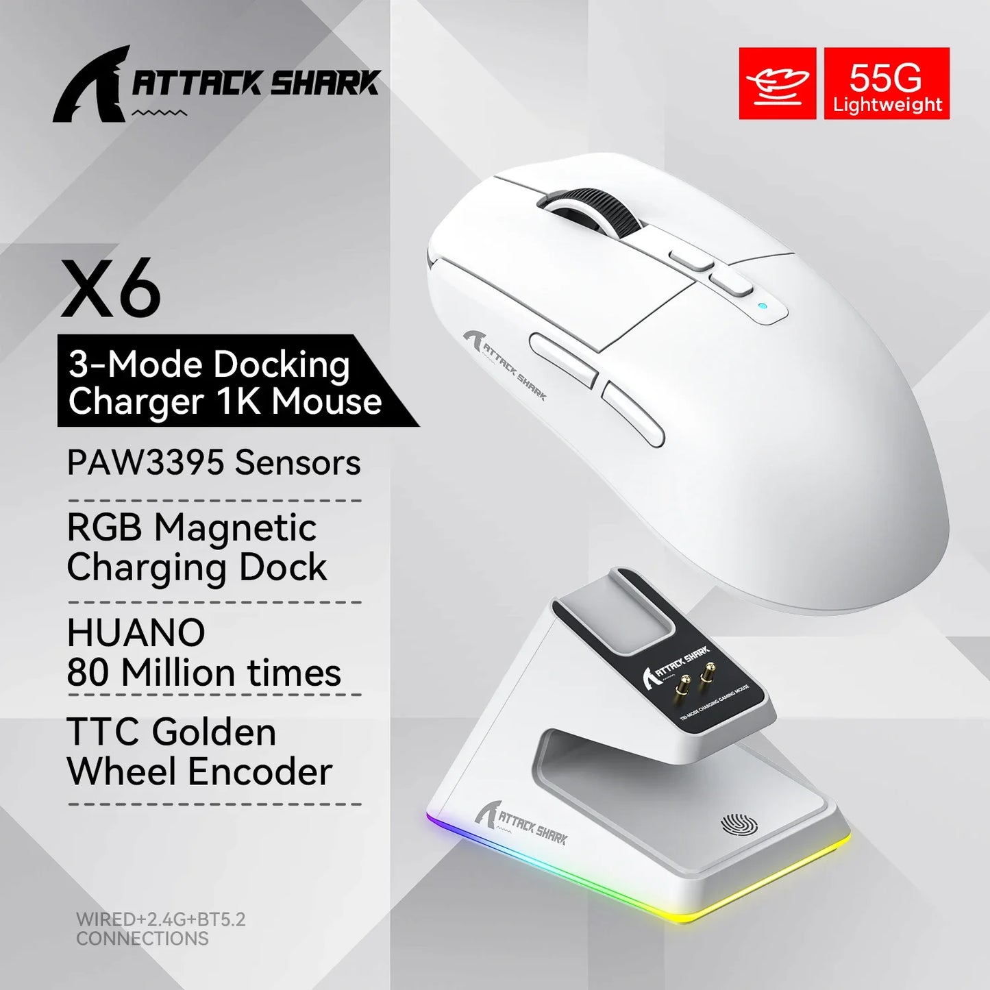 Shopdroplo X6 Wireless Bluetooth Gaming Mouse – PixArt PAW3395, RGB Touch Charging Base, 26K DPI, Tri-Mode Macro Mouse