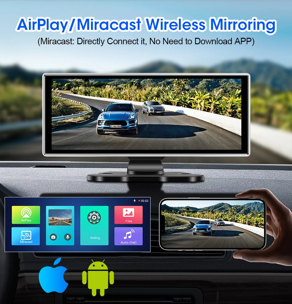 Shopdroplo™ 11.26" 4K Smart Dash Cam with CarPlay, Android Auto, Dual Lens, GPS & Touchscreen Mirror Display