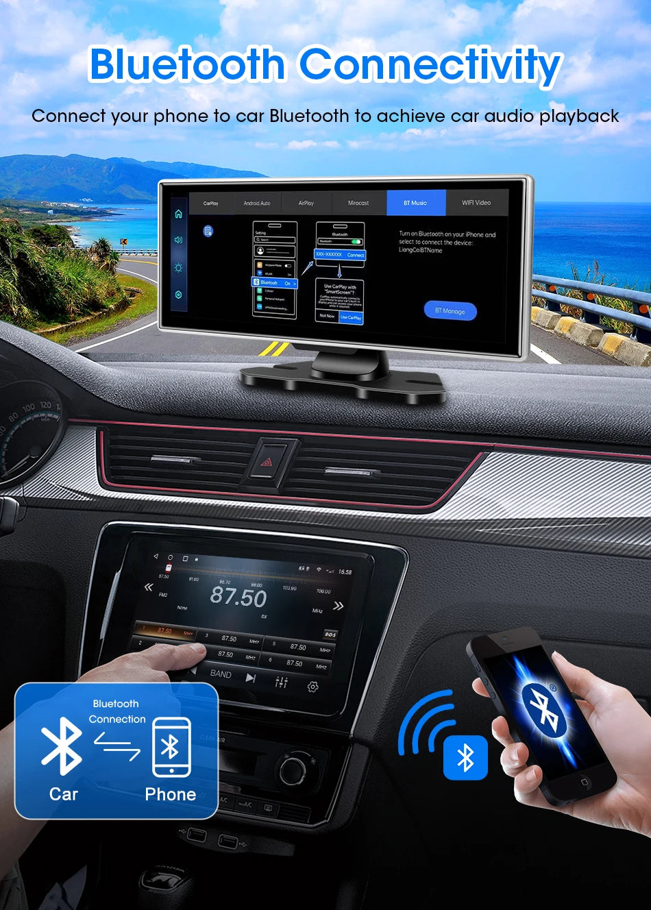Shopdroplo™ 11.26" 4K Smart Dash Cam with CarPlay, Android Auto, Dual Lens, GPS & Touchscreen Mirror Display