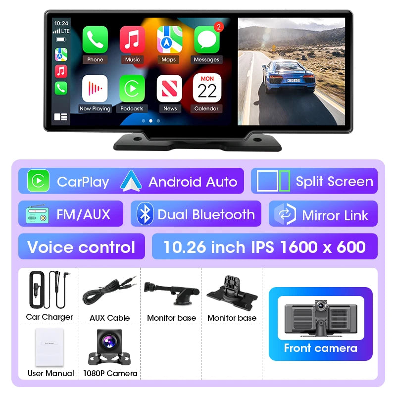Shopdroplo™ 11.26" 4K Smart Dash Cam with CarPlay, Android Auto, Dual Lens, GPS & Touchscreen Mirror Display