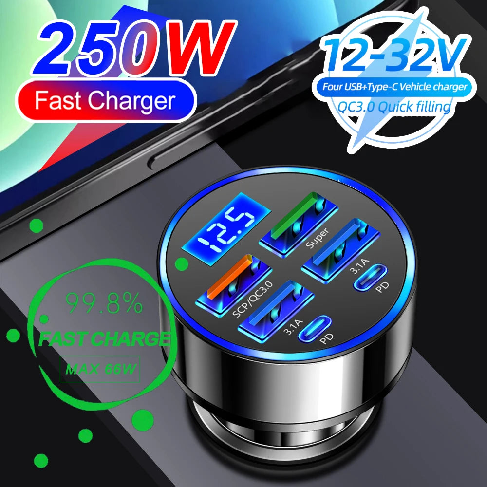 Shopdroplo 66W–250W Digital Display PD Car Charger – 6-in-1 Fast Charging Cigarette Lighter Adapter