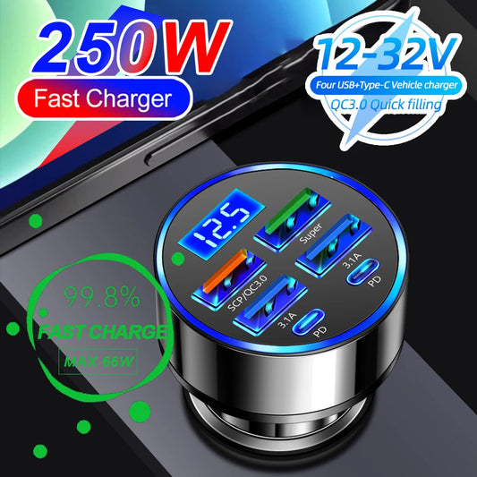 Shopdroplo 66W–250W Digital Display PD Car Charger – 6-in-1 Fast Charging Cigarette Lighter Adapter