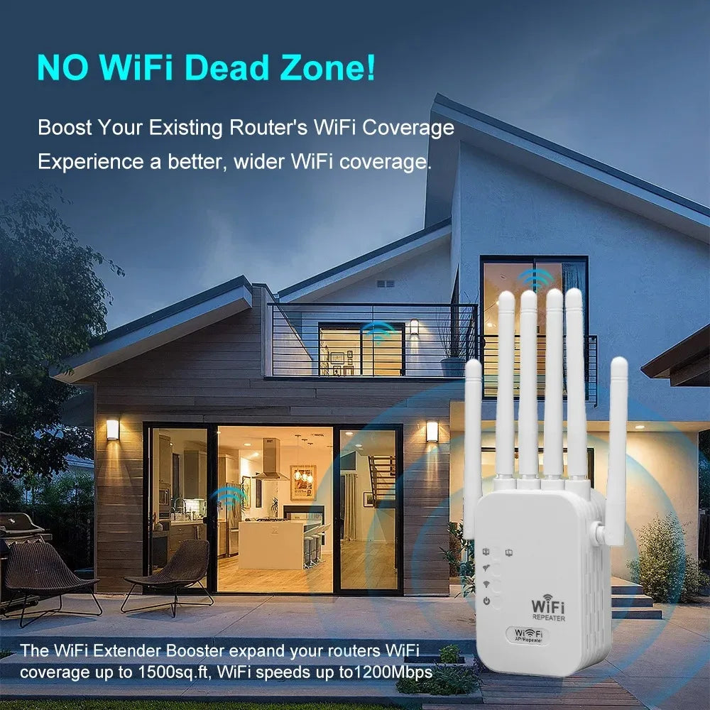 Shopdroplo 1200Mbps Dual Band WiFi Repeater – 2.4G & 5G Wireless Signal Booster with 6 High Gain Antennas