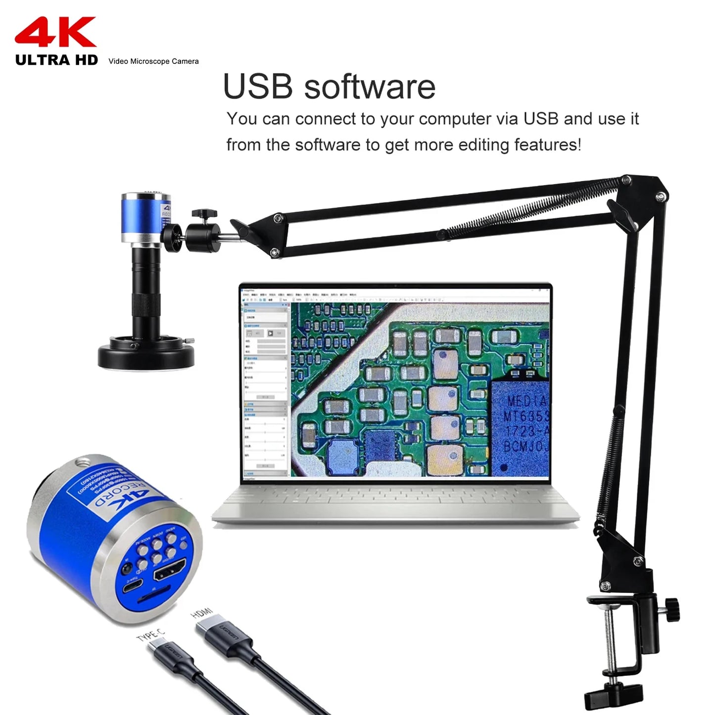 Shopdroplo YIZHAN 48MP 4K Soldering Microscope – HDMI/USB Digital Video Microscope with 150X Lens, LED Light & Adjustable Stand
