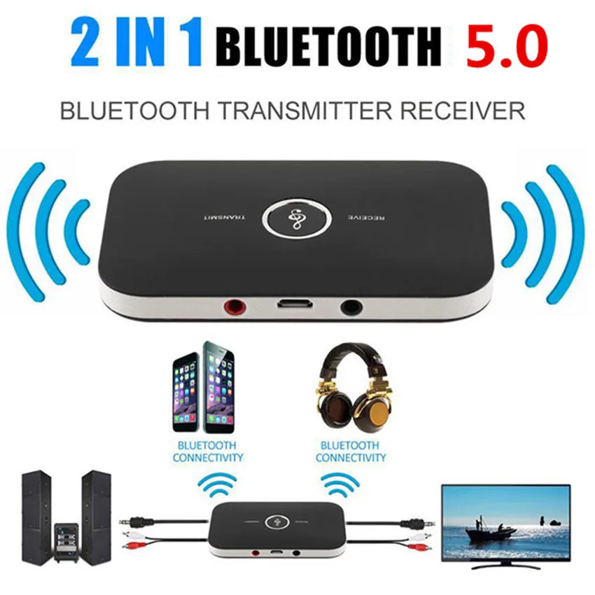Shopdroplo Bluetooth 5.0 Audio Transmitter & Receiver – 2-in-1 Wireless Adapter with 3.5mm AUX & RCA for Car, TV, PC, Speaker