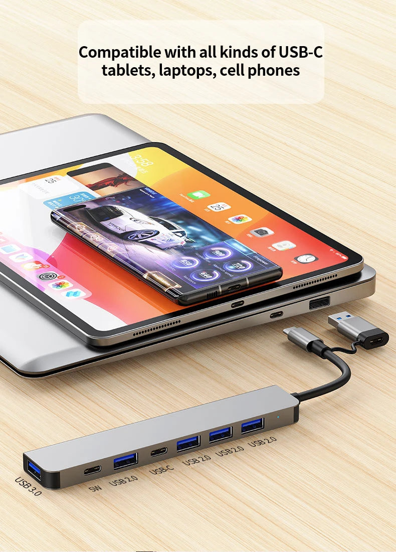 Shopdroplo™ 7-in-1 USB-C Hub Extender – High-Speed USB Splitter for Laptops & PCs