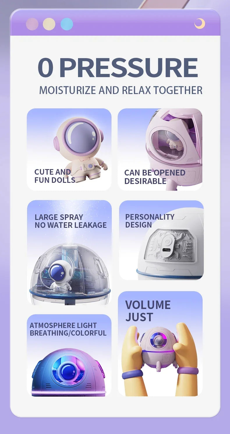 Shopdroplo Portable Astronaut Humidifier with LED Light & Aroma Diffuser – USB Powered Mini Air Purifier for Home & Office
