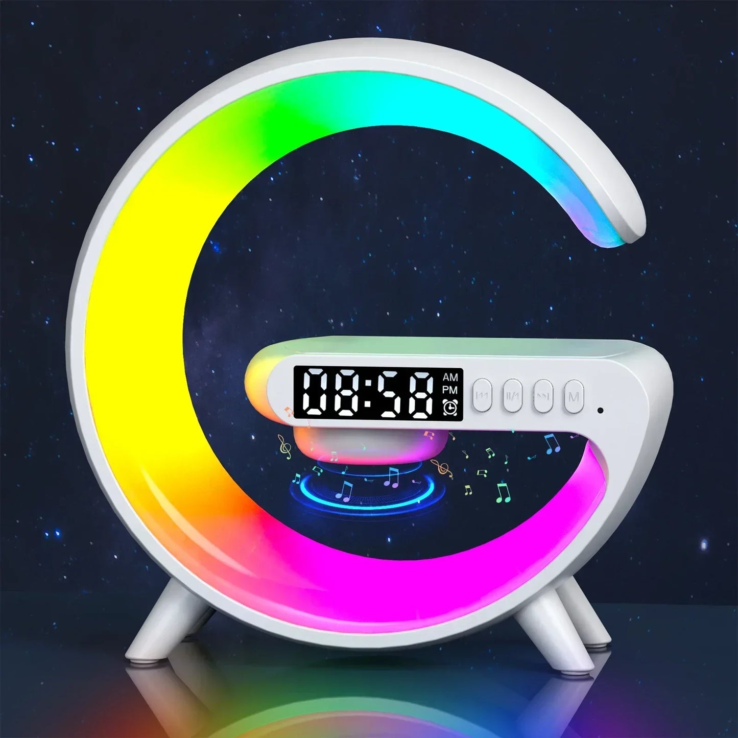Shopdroplo Multifunction Wireless Charger Stand – RGB Light, Alarm Clock & Bluetooth Speaker for iPhone, Samsung, Xiaomi (Mini Fast Charging Dock)