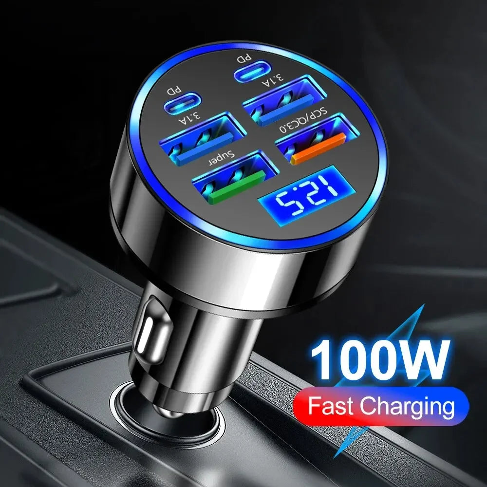 Shopdroplo 66W–250W Digital Display PD Car Charger – 6-in-1 Fast Charging Cigarette Lighter Adapter