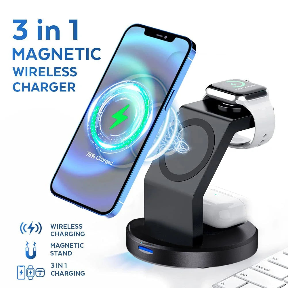 Shopdroplo 3 In 1 Magnetic Wireless Charger Stand For iPhone, iWatch & AirPods – MagSafe Fast Charging Station