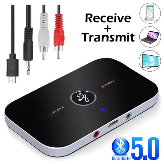 Shopdroplo Bluetooth 5.0 Audio Transmitter & Receiver – 2-in-1 Wireless Adapter with 3.5mm AUX & RCA for Car, TV, PC, Speaker