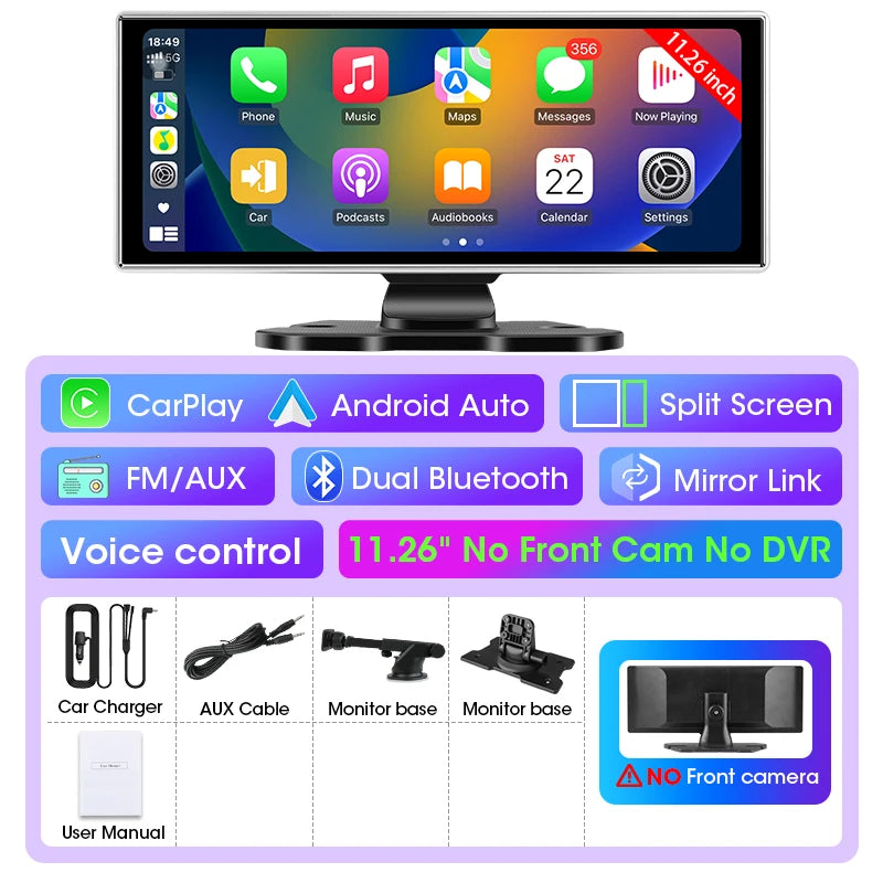 Shopdroplo™ 11.26" 4K Smart Dash Cam with CarPlay, Android Auto, Dual Lens, GPS & Touchscreen Mirror Display
