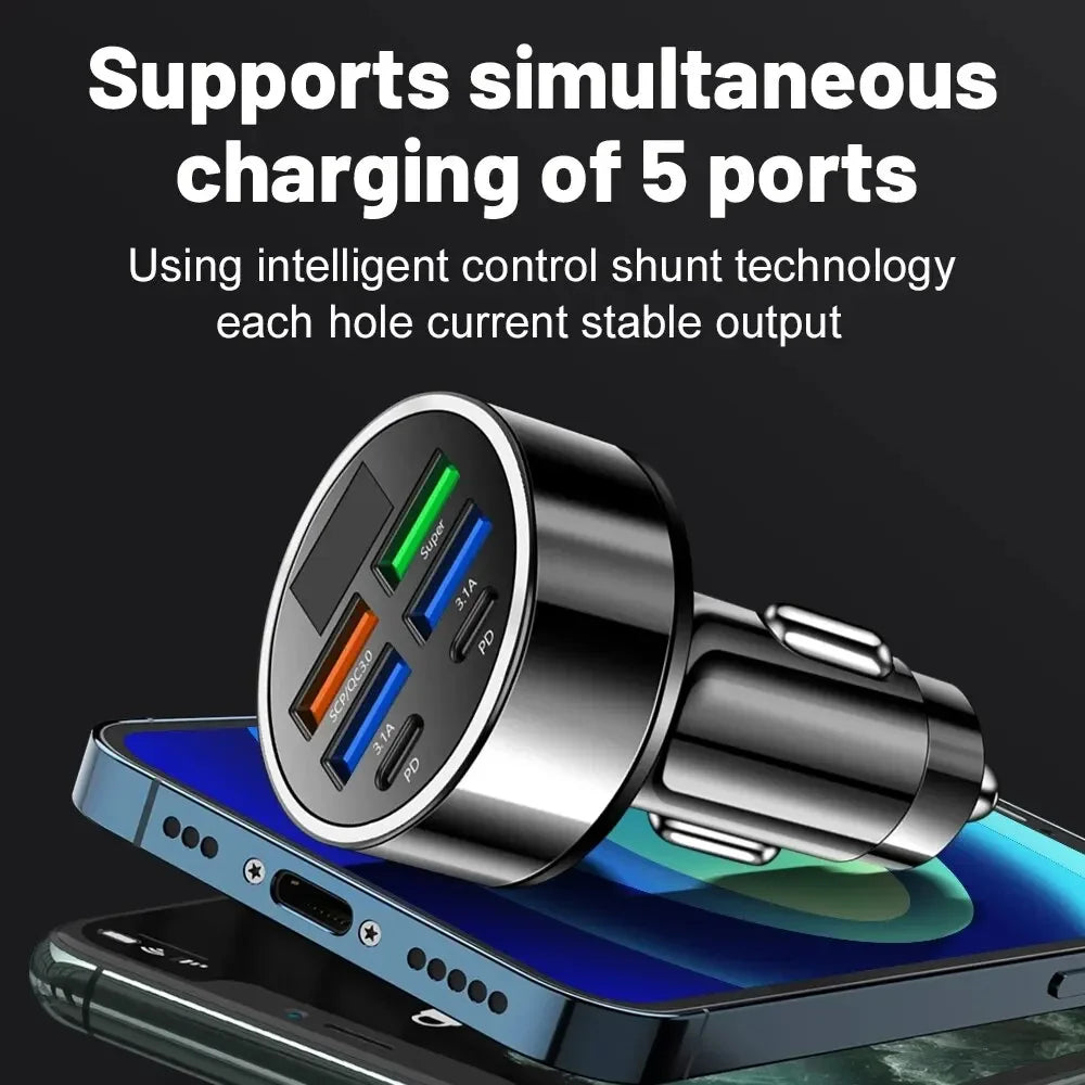 Shopdroplo 66W–250W Digital Display PD Car Charger – 6-in-1 Fast Charging Cigarette Lighter Adapter