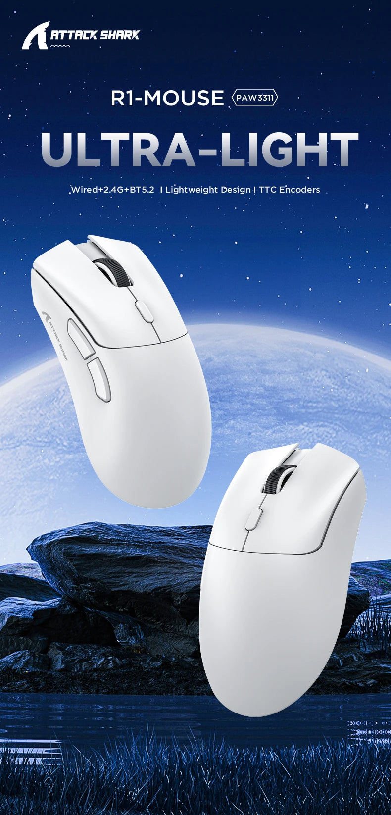 Shopdroplo Attack Shark R1 Bluetooth Gaming Mouse – 18000 DPI, Tri-Mode, Macro Support, 1000Hz Polling Rate