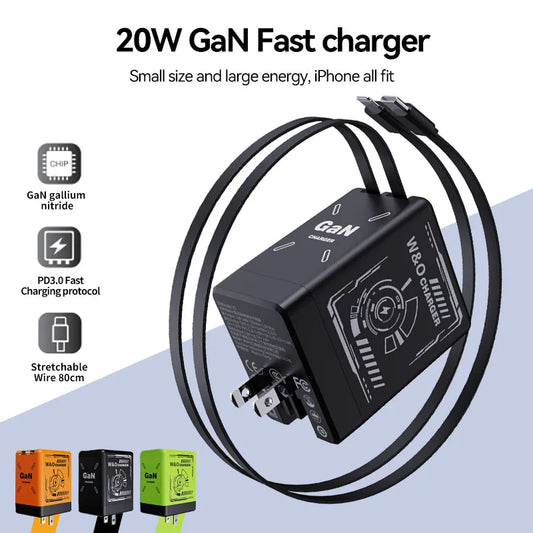 Shopdroplo™ W&O GaN 20W Fast Charger with Liquid Silicone Cable – Type C & Lightning for iPhone/Xiaomi