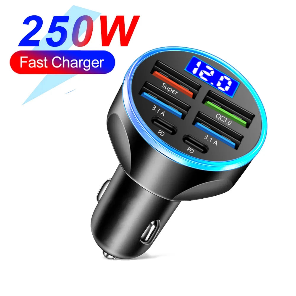 Shopdroplo 66W–250W Digital Display PD Car Charger – 6-in-1 Fast Charging Cigarette Lighter Adapter
