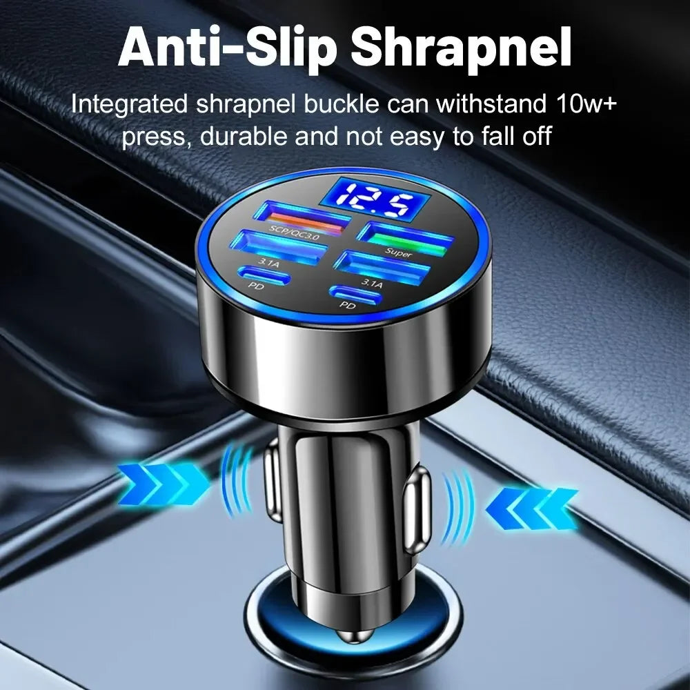 Shopdroplo 66W–250W Digital Display PD Car Charger – 6-in-1 Fast Charging Cigarette Lighter Adapter