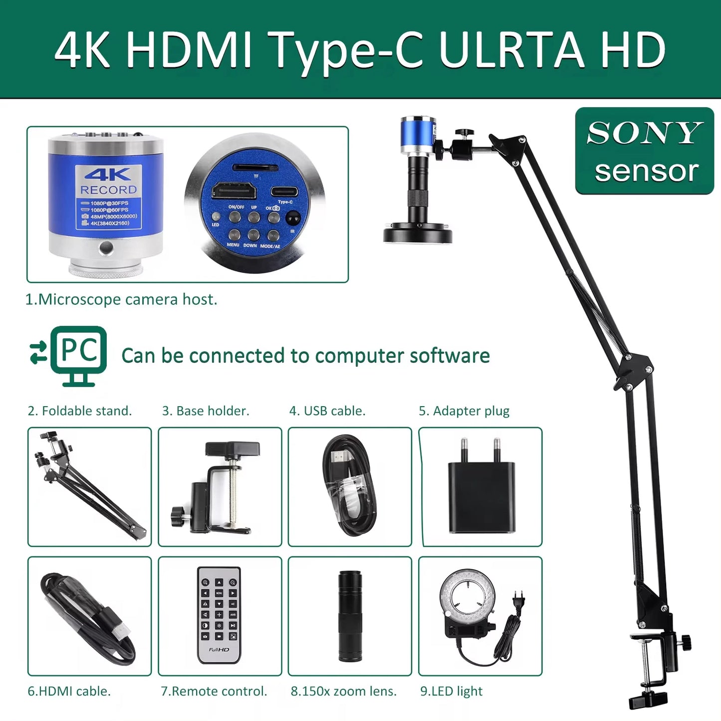 Shopdroplo YIZHAN 48MP 4K Soldering Microscope – HDMI/USB Digital Video Microscope with 150X Lens, LED Light & Adjustable Stand