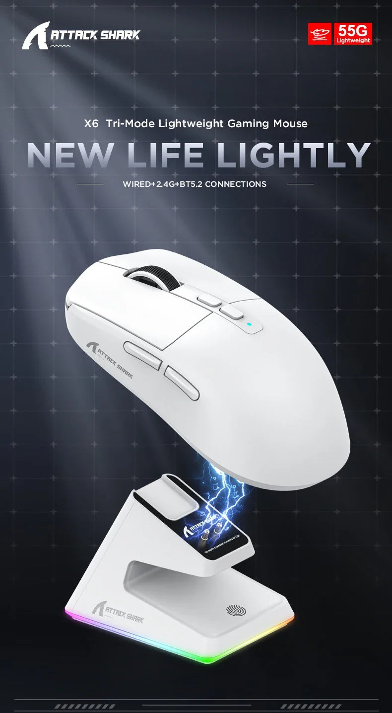 Shopdroplo X6 Wireless Bluetooth Gaming Mouse – PixArt PAW3395, RGB Touch Charging Base, 26K DPI, Tri-Mode Macro Mouse