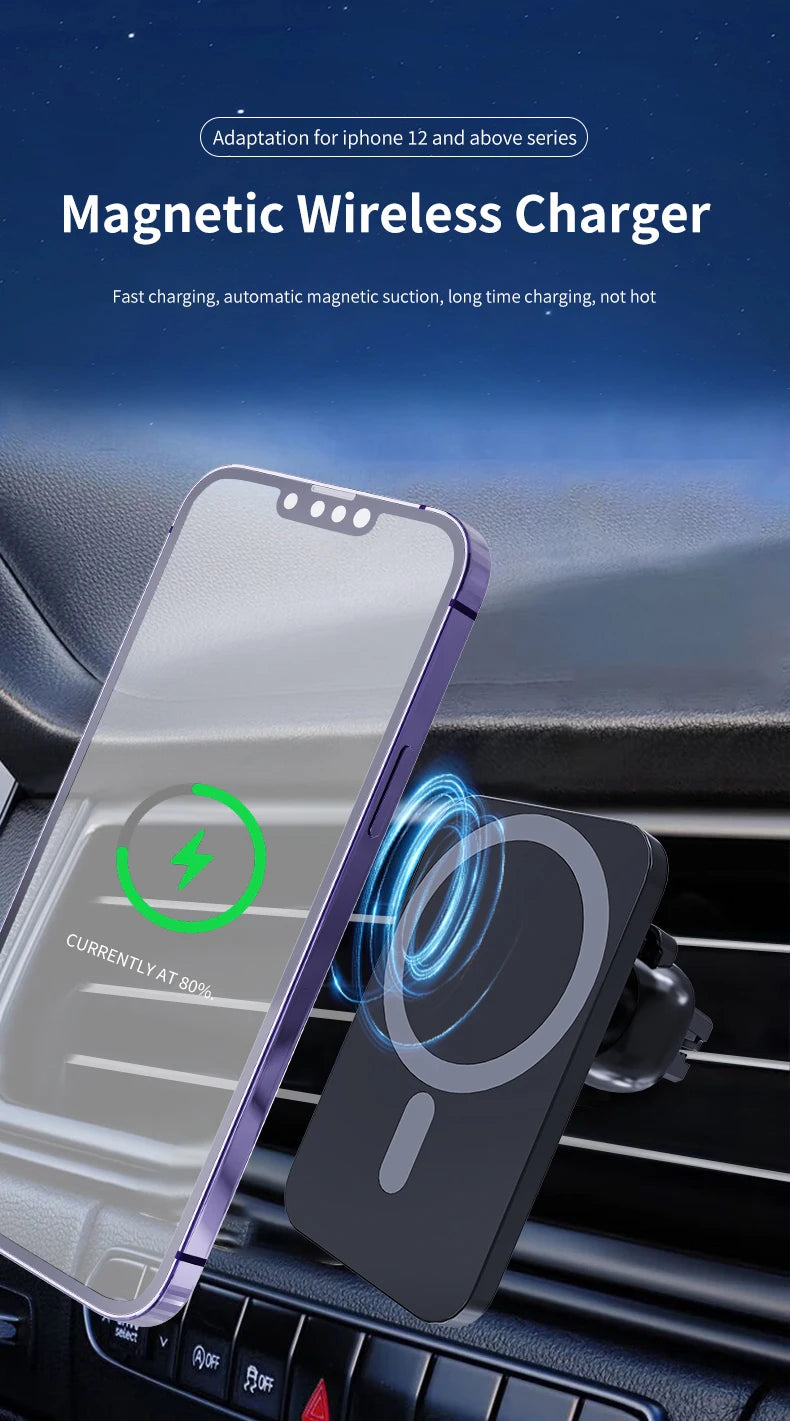 Shopdroplo 30W Magnetic Car Wireless Charger – Fast Charging Holder Stand for iPhone 12-15 Series, MacSafe Compatible