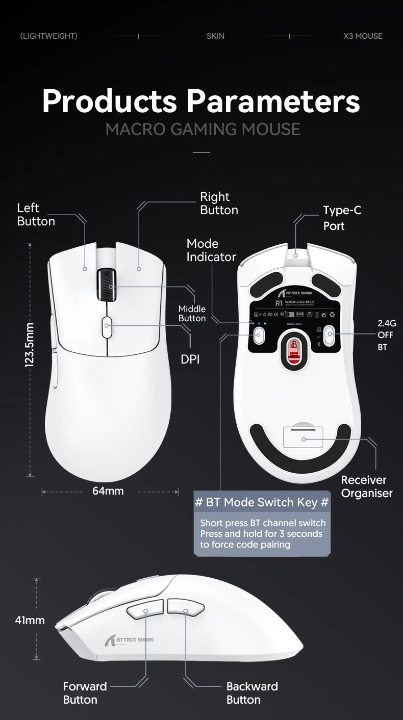 Shopdroplo Attack Shark R1 Bluetooth Gaming Mouse – 18000 DPI, Tri-Mode, Macro Support, 1000Hz Polling Rate
