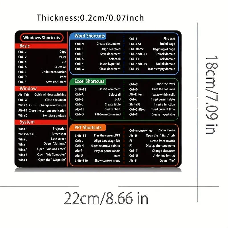 Shopdroplo™ Office Shortcut Key Mouse Pad – Excel, Word, PowerPoint Commands at Your Fingertips (22×18cm)