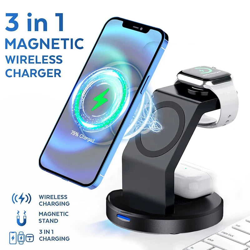 Shopdroplo 3 In 1 Magnetic Wireless Charger Stand For iPhone, iWatch & AirPods – MagSafe Fast Charging Station