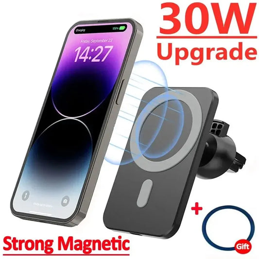Shopdroplo 30W Magnetic Car Wireless Charger – Fast Charging Holder Stand for iPhone 12-15 Series, MacSafe Compatible