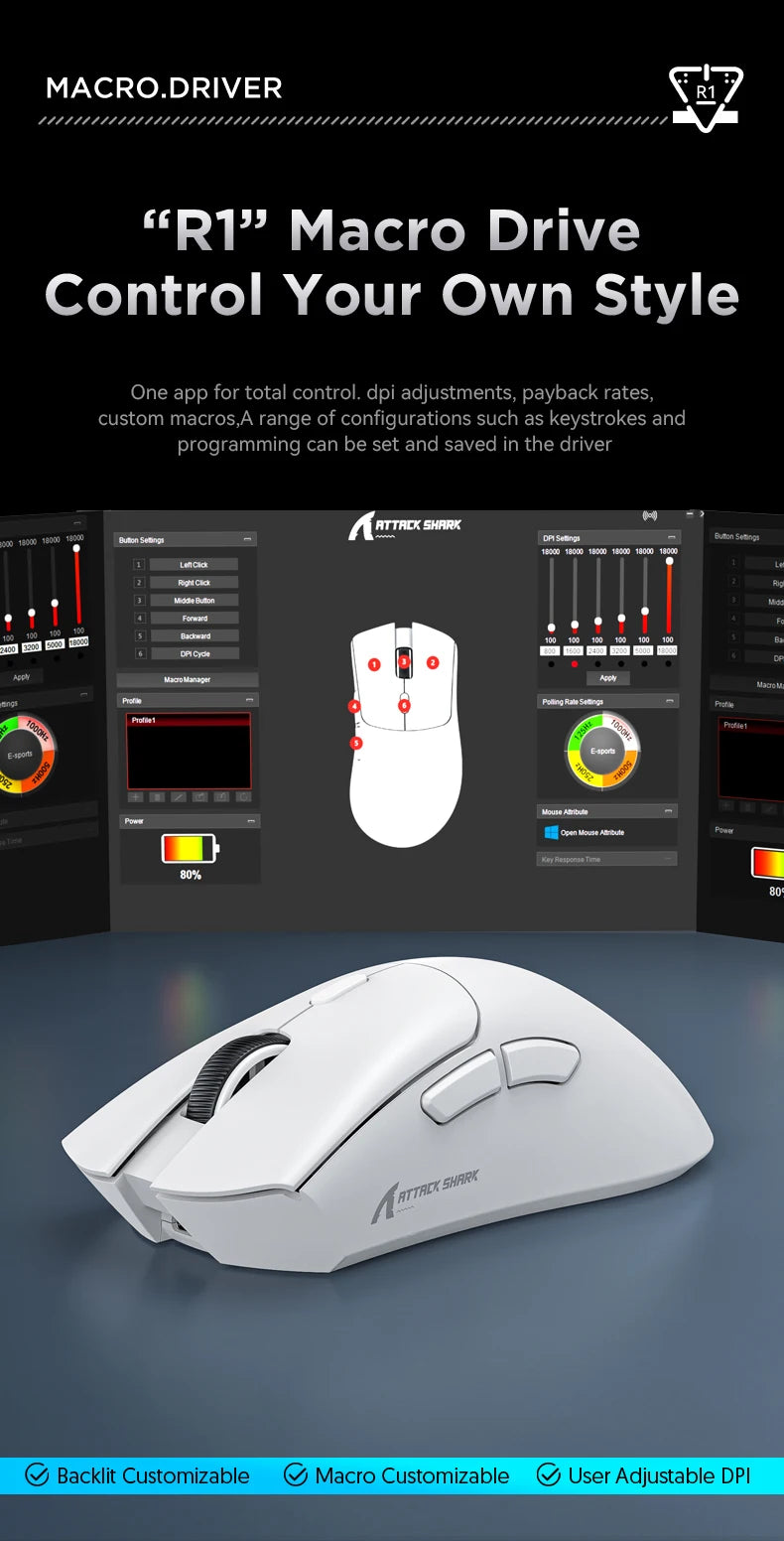 Shopdroplo Attack Shark R1 Bluetooth Gaming Mouse – 18000 DPI, Tri-Mode, Macro Support, 1000Hz Polling Rate