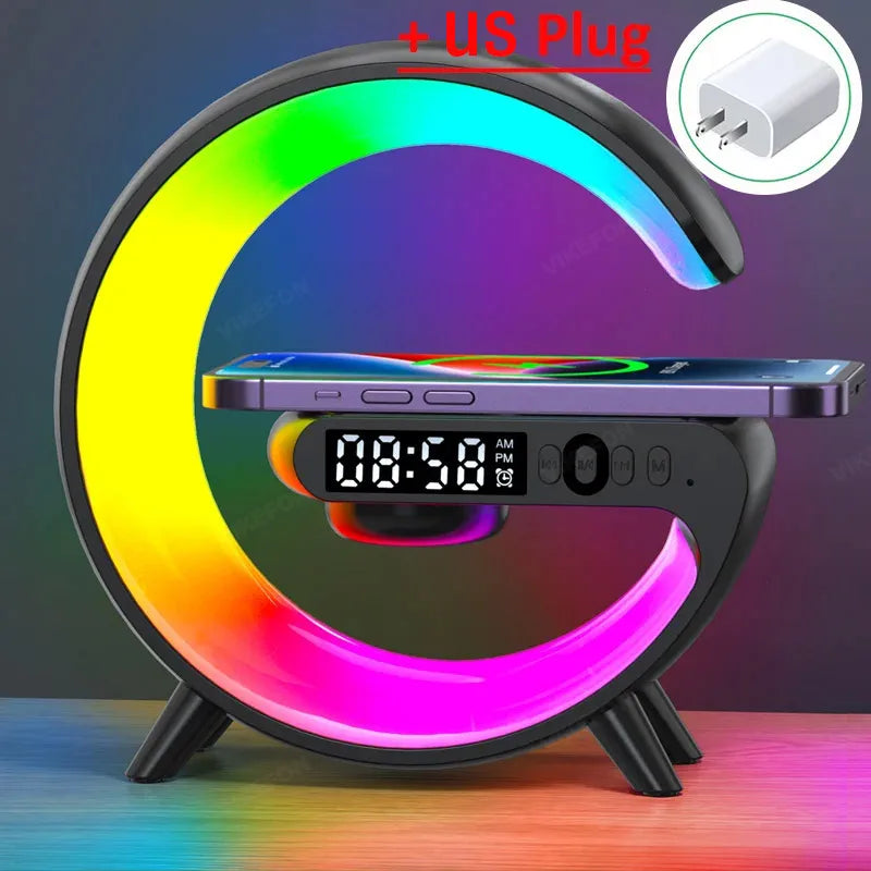 Shopdroplo Multifunction Wireless Charger Stand – RGB Light, Alarm Clock & Bluetooth Speaker for iPhone, Samsung, Xiaomi (Mini Fast Charging Dock)